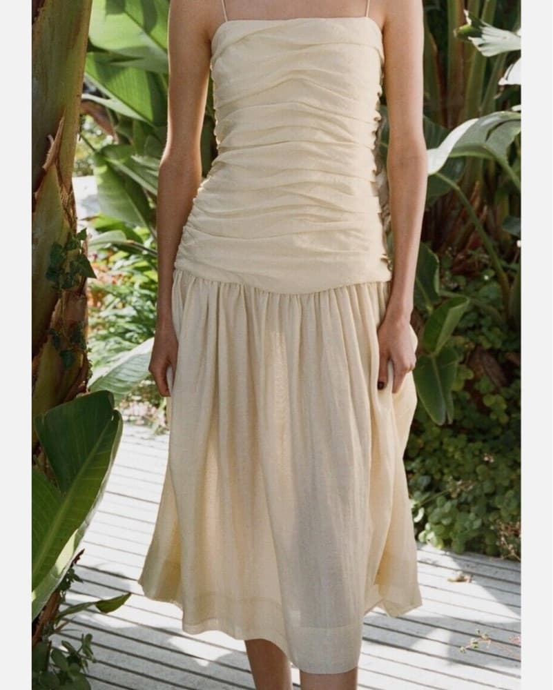 Zara Yellow Ruched Drop Waist Midi Dress - Image 1