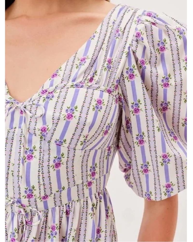 Floral Striped Puff Sleeve Dress - Image 2