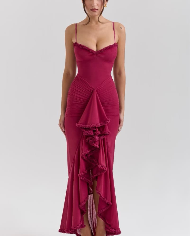 House of CB Wine Ruffled Front Gown - Image 3