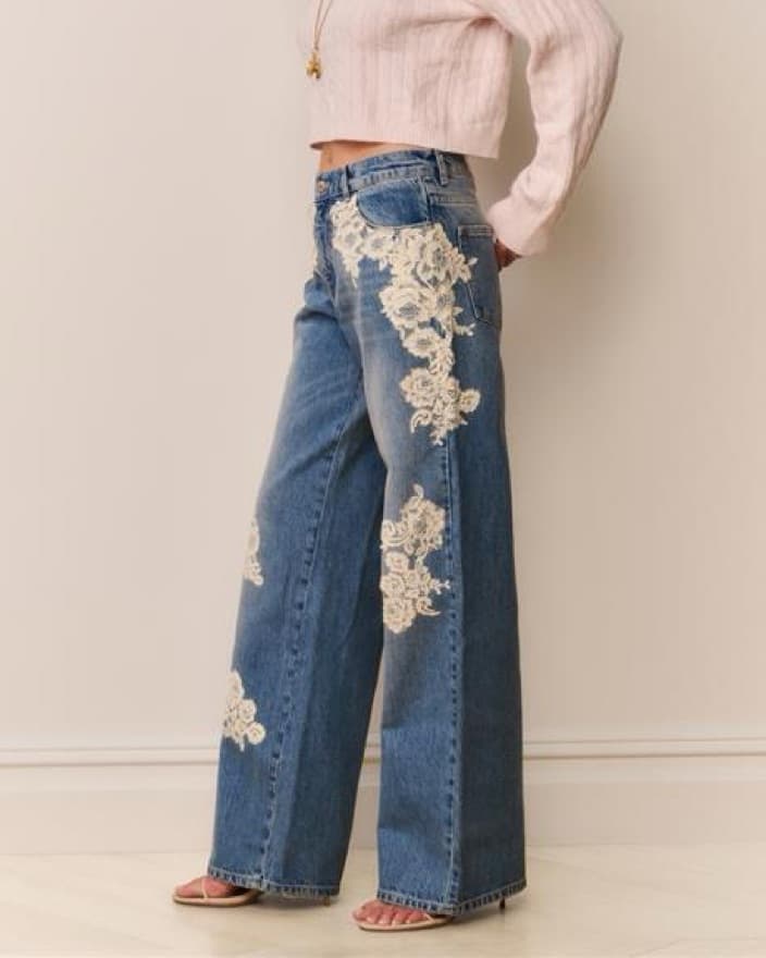 Embroidered Denim Flare Jeans With Lace - Image 4