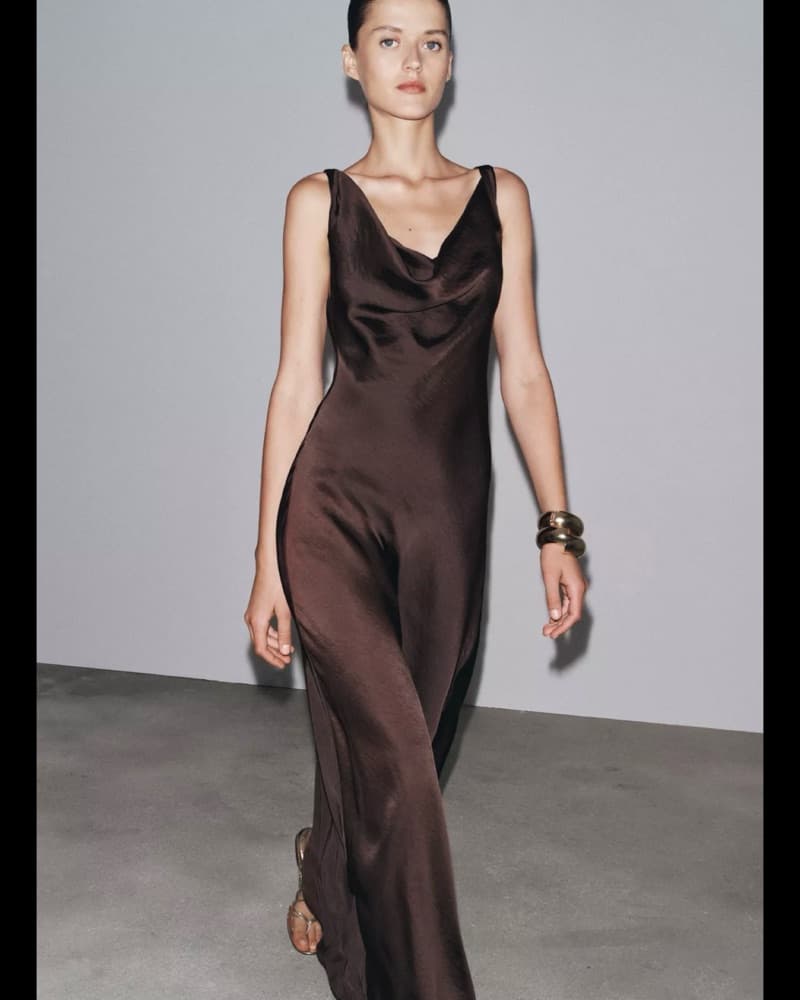 Brown Satin Cowl Neck Dress  - Image 1