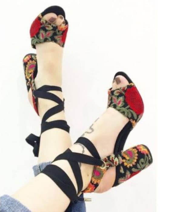 Topshop Floral Lace Up Embroidered Heels - Image 1