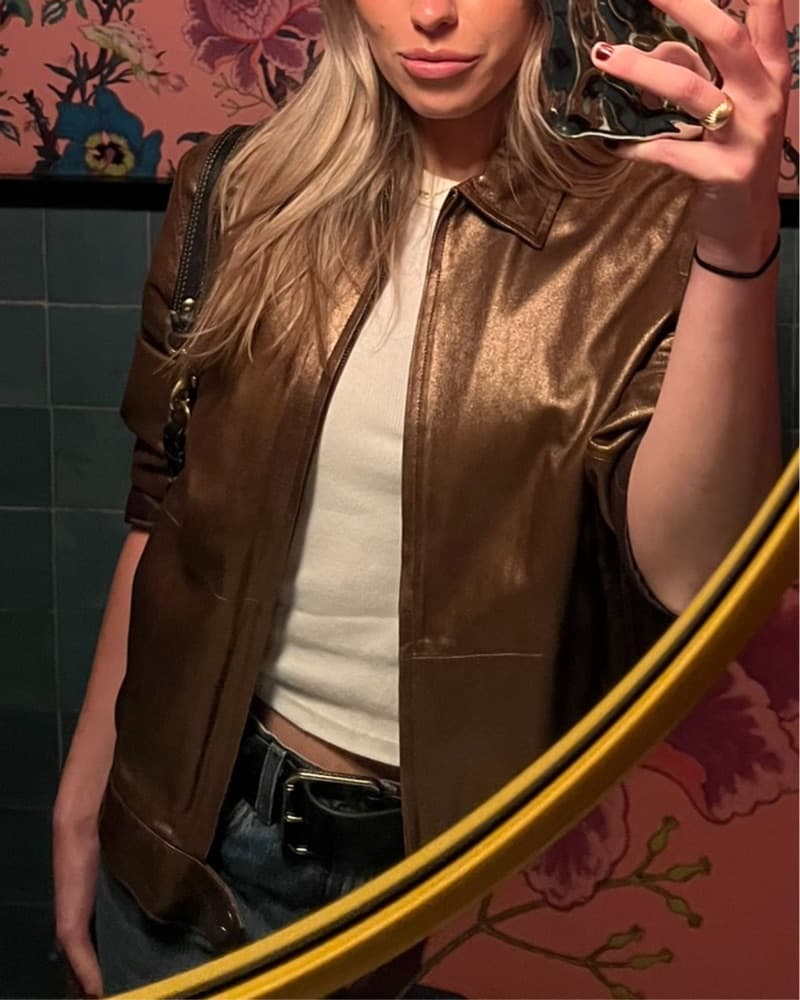 Brown Metallic Leather Jacket - Image 2