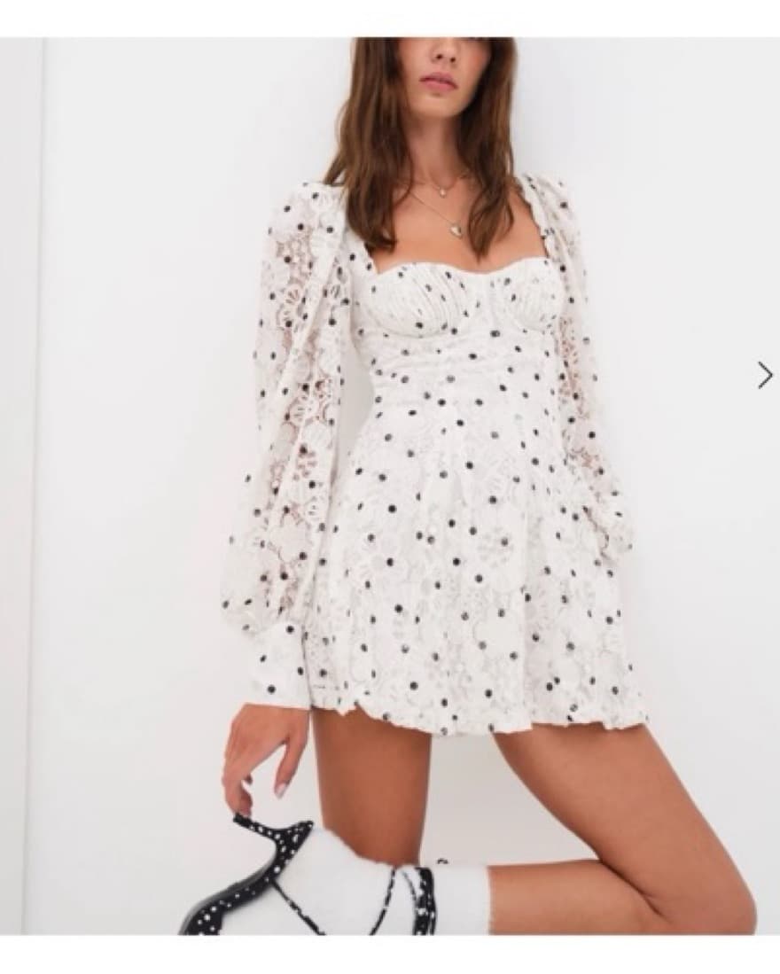 White Polka Dot Lace Puff Sleeve Mini Dress - Image 3