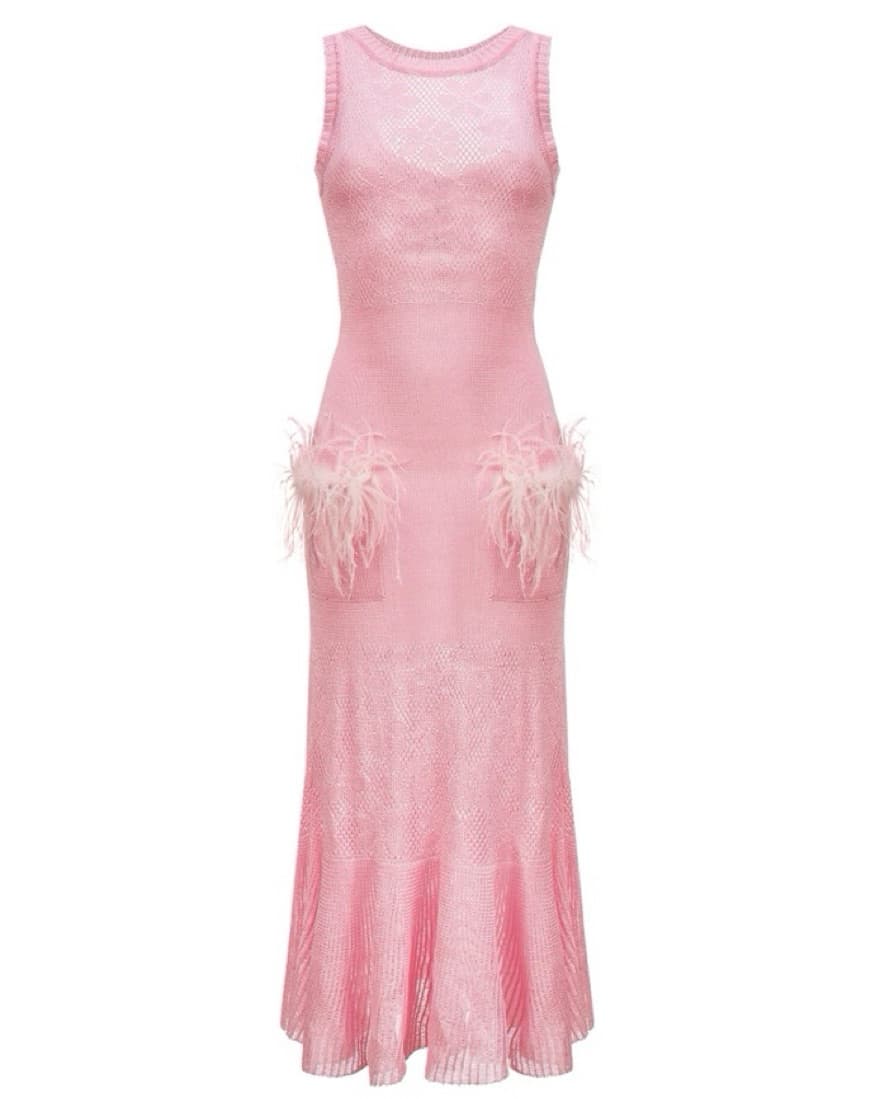 Andreeva Pink Rose Knit Feather Dress - Image 5