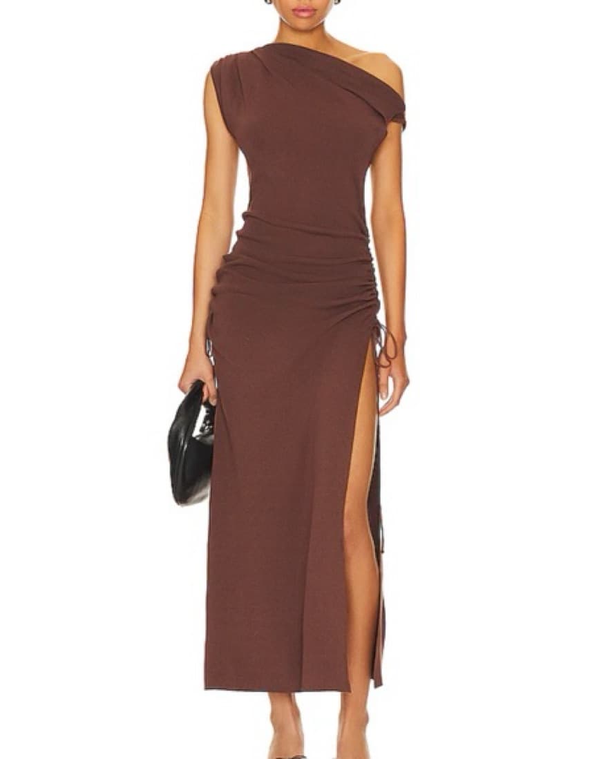 Brown One-Shoulder Ruched Midi Dress - Image 1