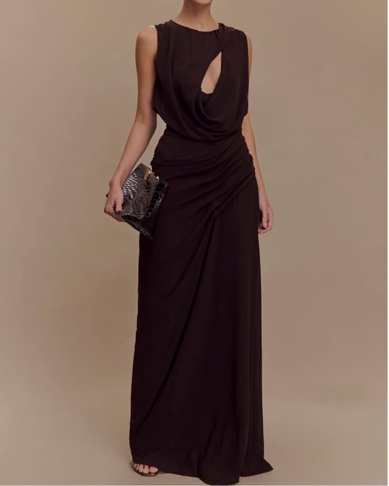 Oria Chiffon Maxi Dress In Cacao Brown - Image 1