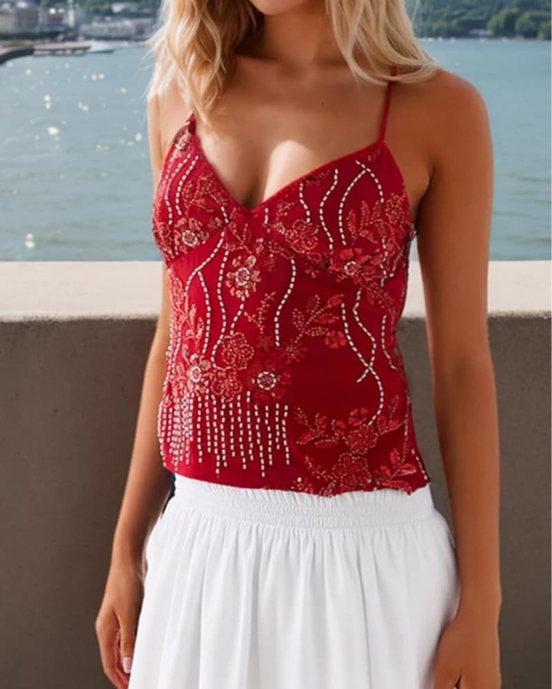 Red beaded backless halter crop top - Image 1