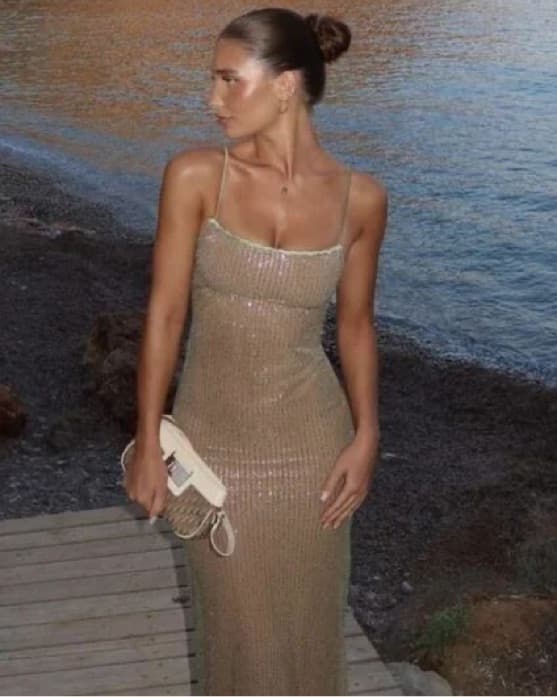 Midi Champagne Ribbed Knit Midi Dress - Image 2