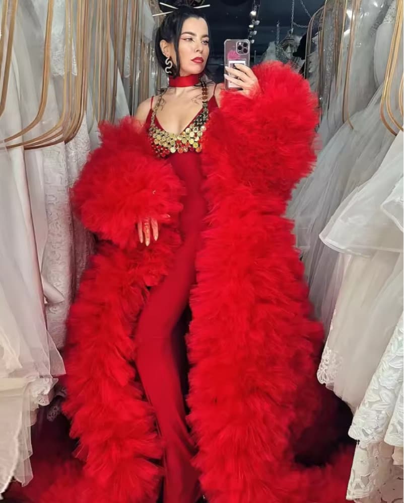 Stunning Red Tulle Jacket With Train - Image 3