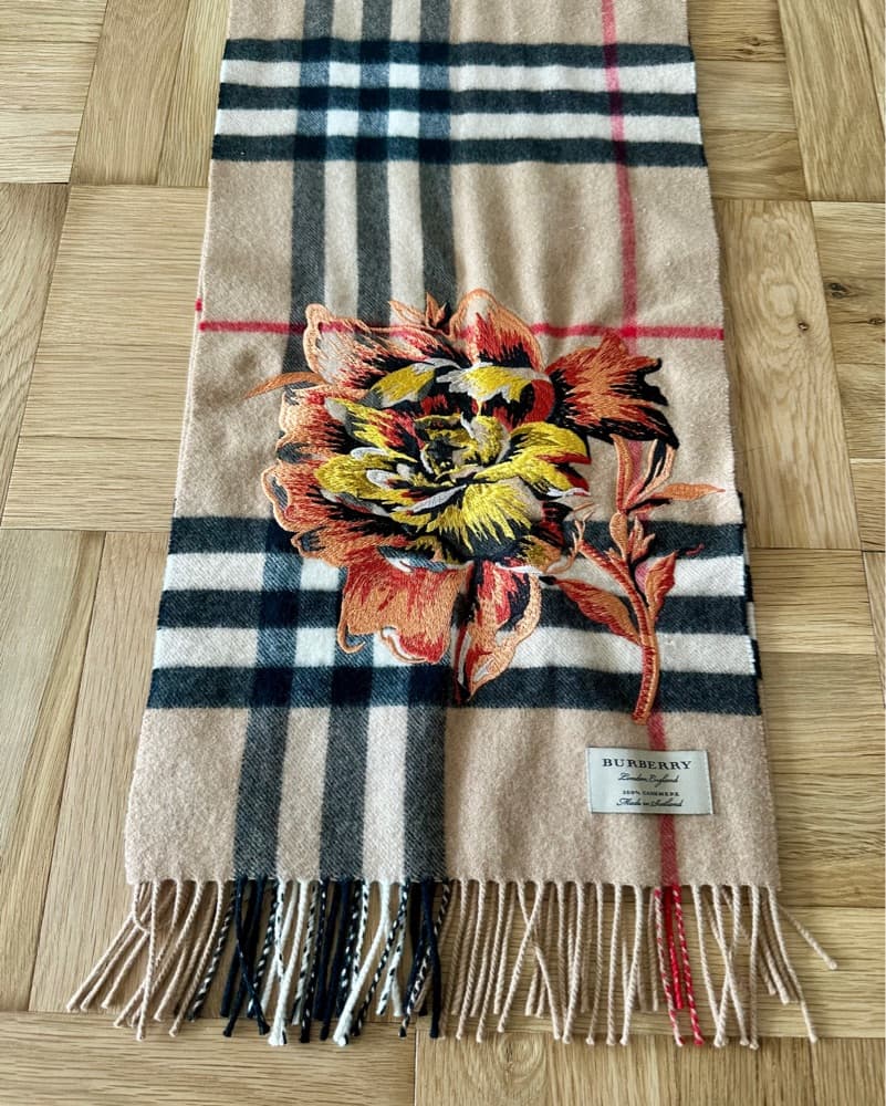 Burberry Plaid Cashmere Scarf with Floral Embroidery - Image 3
