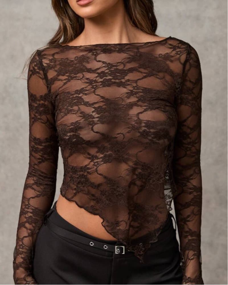 Sheer Lace Asymmetrical Hem Top - Image 2