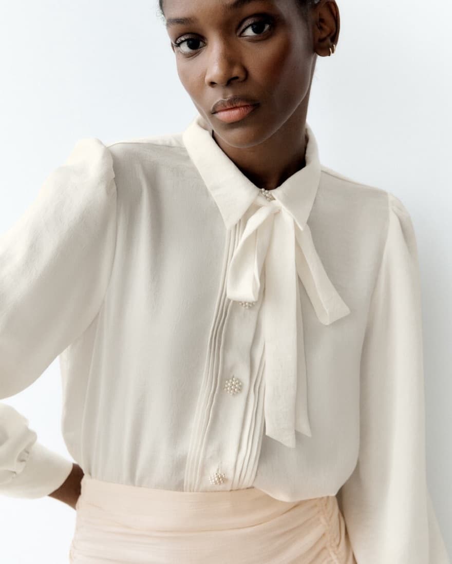 Front Tie Jewel Button Blouse - Image 1