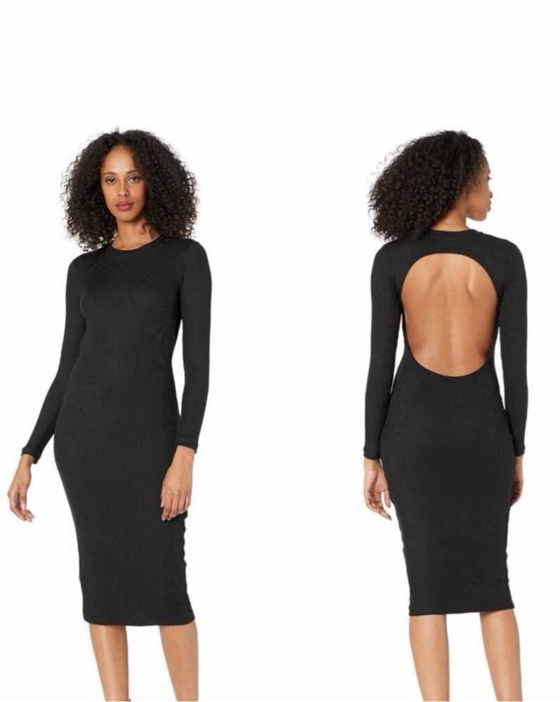 Black Ribbed Open Back Midi Dress - Image 1