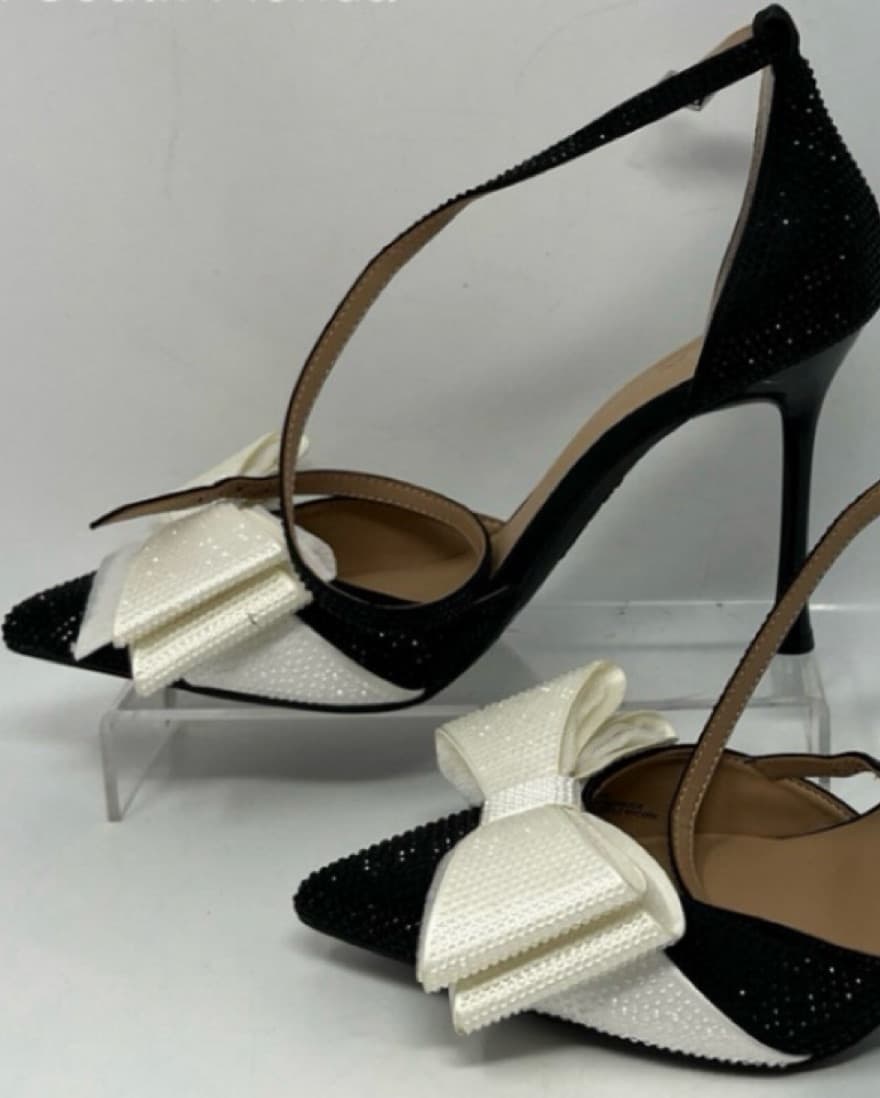 White Bow Fully Rhinestoned Black Heels - Image 2