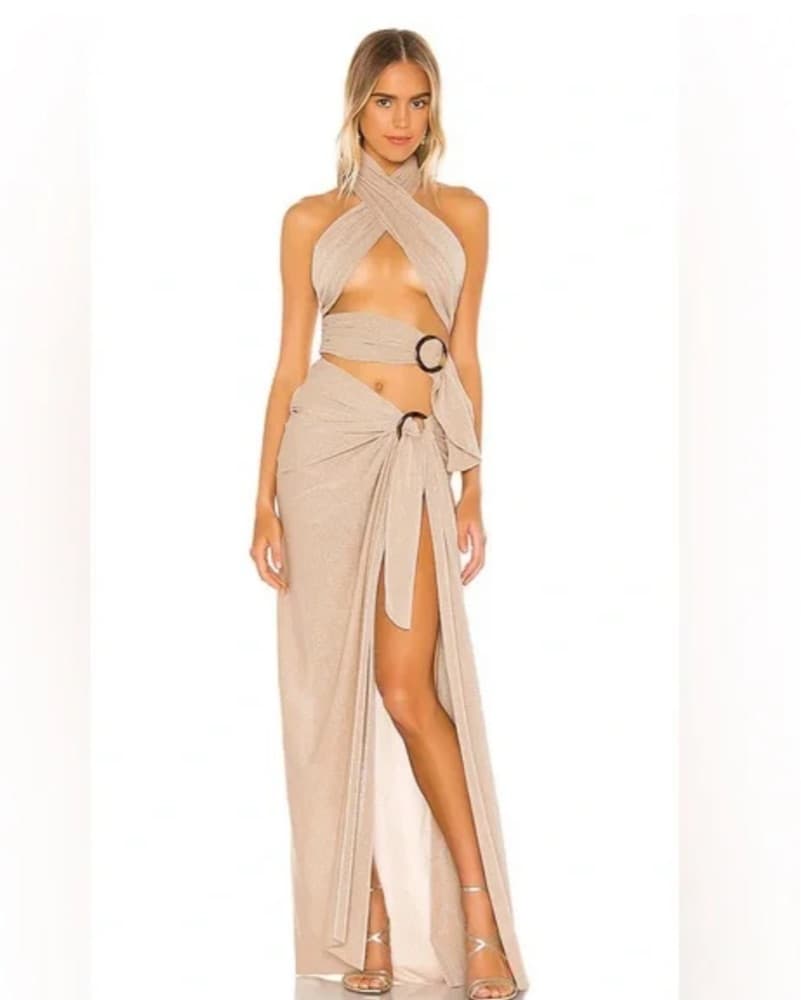 Elegant Beige Halter Maxi Dress - Image 2