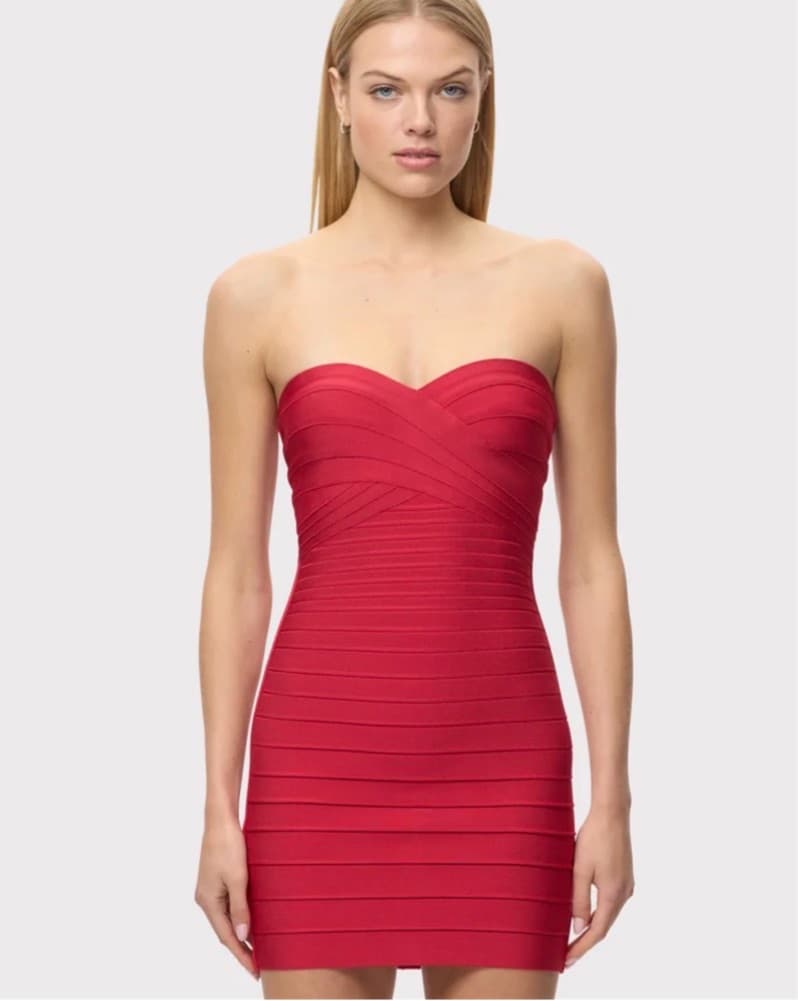 Red Mini Herve Leger Strapless Dress - Image 1