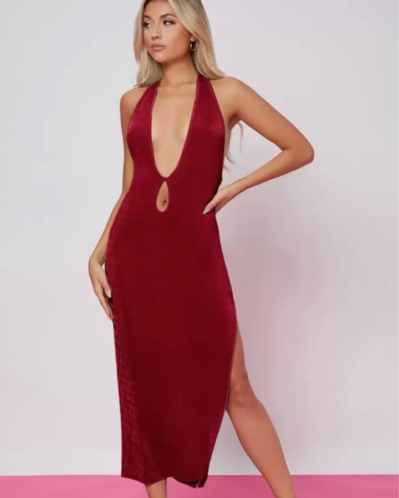 Red Plunging Halter Dress - Image 1