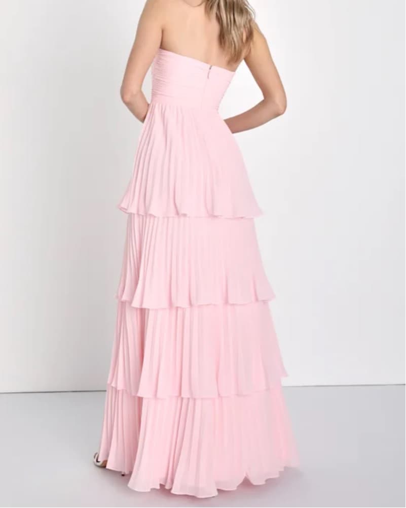 Elegant Pink Pleated Tiered Maxi Dress - Image 2