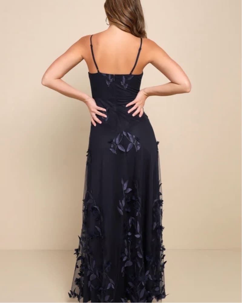 Navy Blue 3D Floral Applique Maxi Dress - Image 2