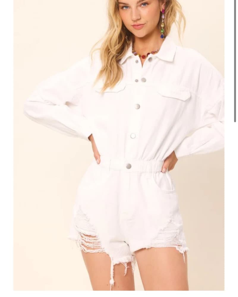 White Denim Distressed Romper  - Image 1