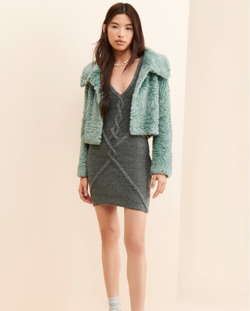 Green Cropped Faux Fur Jacket - Image 3