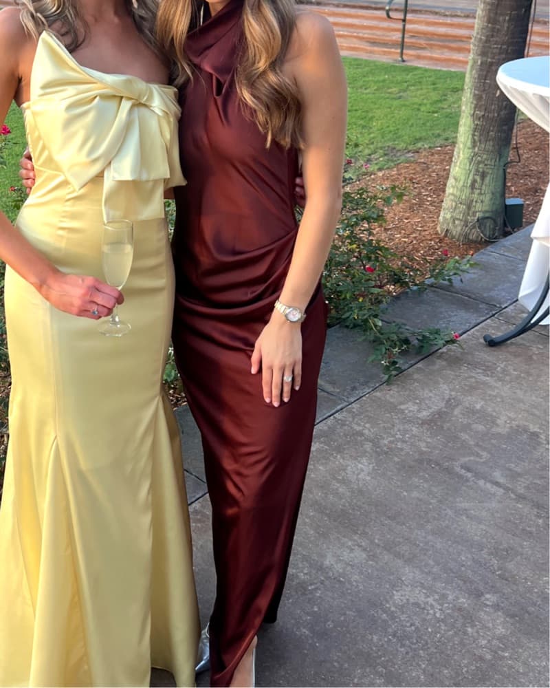 Elegant Satin Gown and Burgundy Sheath Dress - Image 2