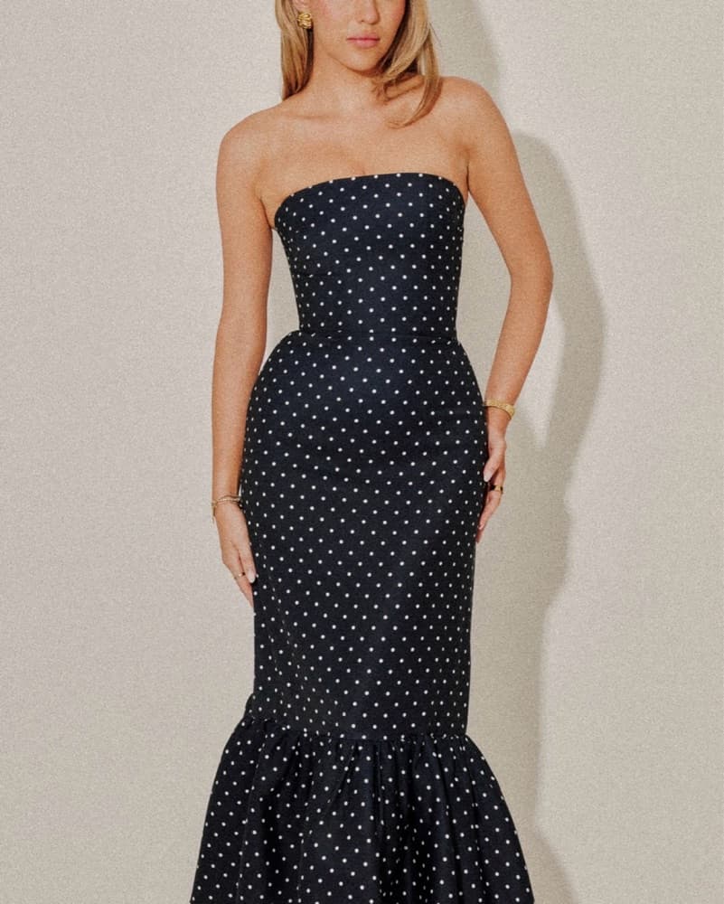 Navy Polka Dot Strapless Midi Dress - Image 1