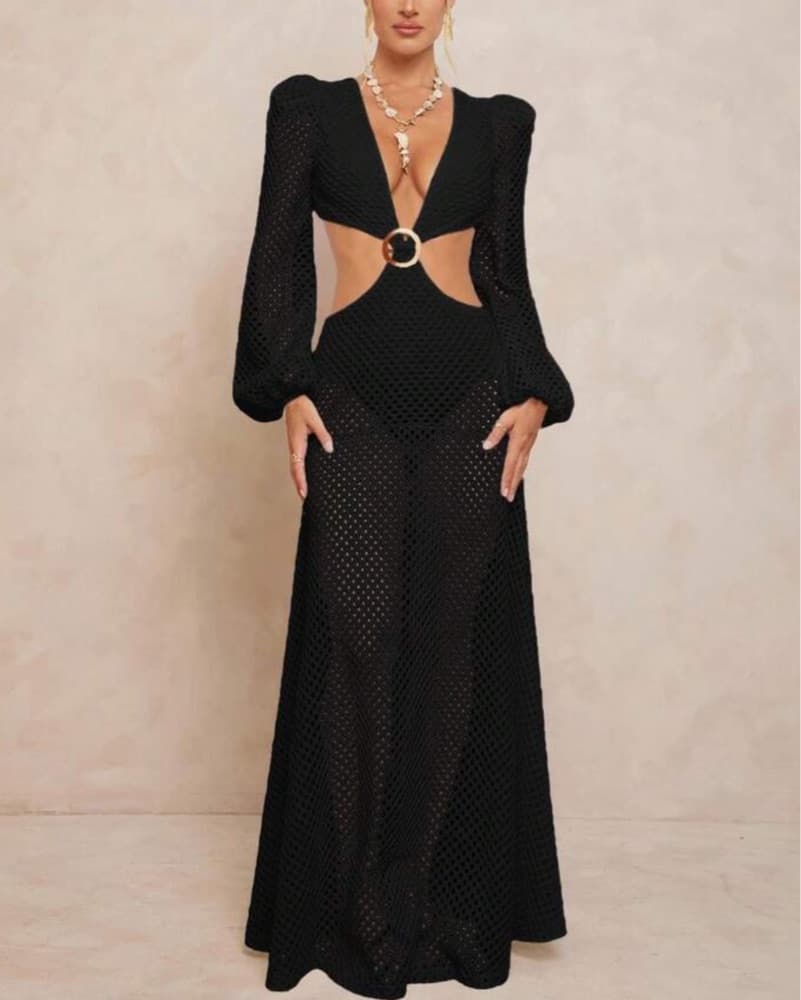 Black Mesh Cutout Maxi Dress - Image 1