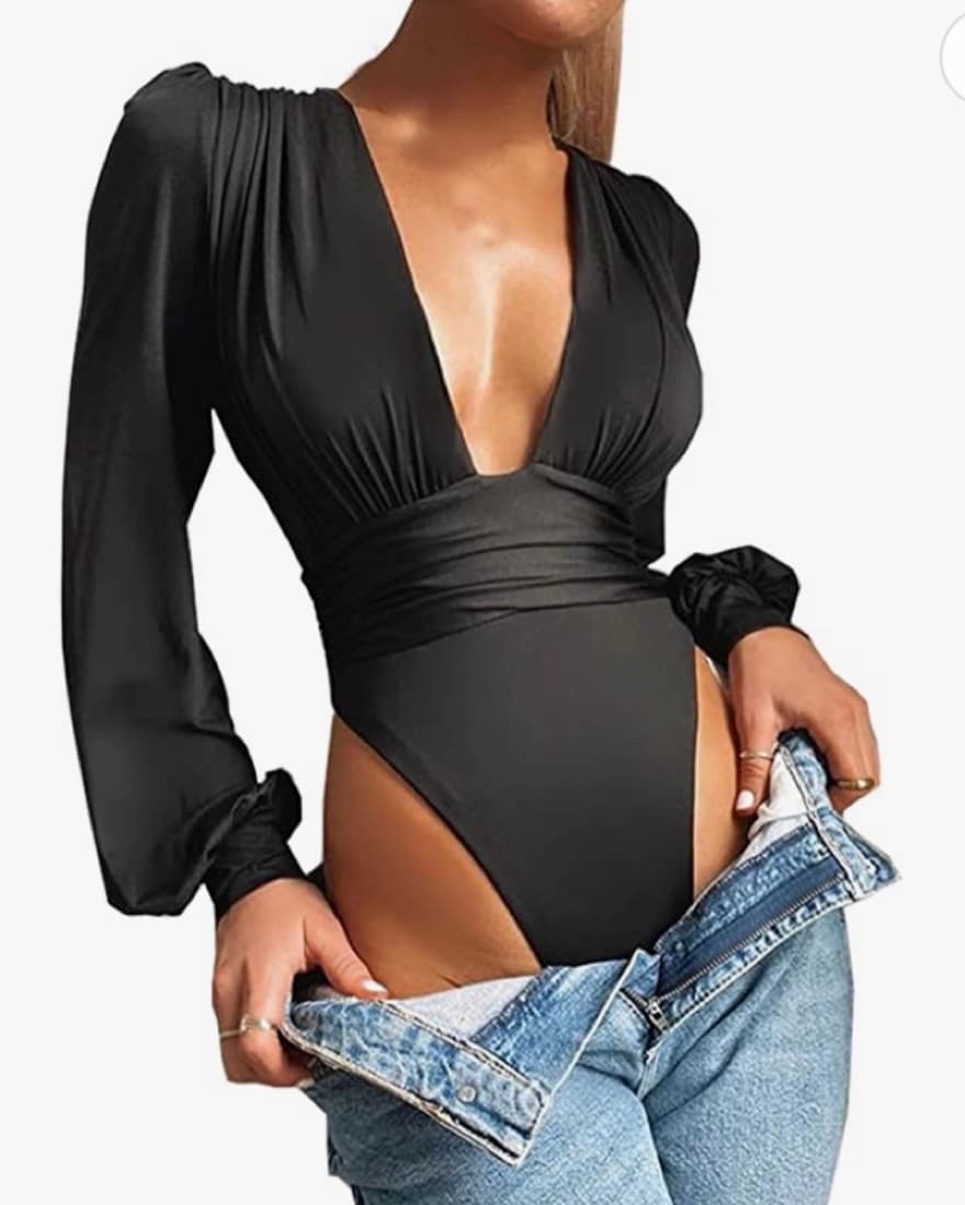 Long Sleeve V Neck Black Bodysuit  - Image 1