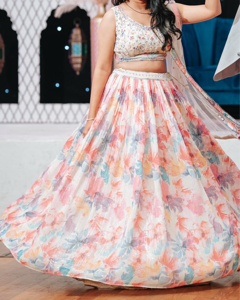 Vibrant Floral Print Pleated Lehenga Set - Image 3