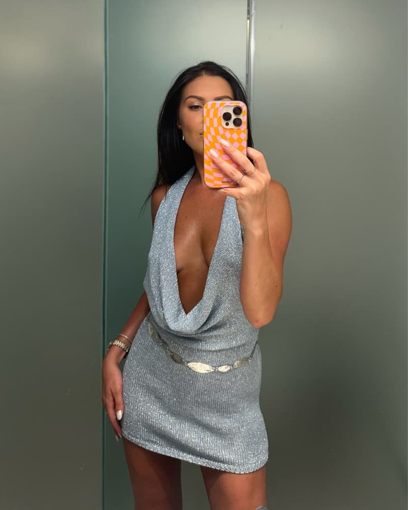 Blue Metallic Knit Halter Mini Dress - Image 1