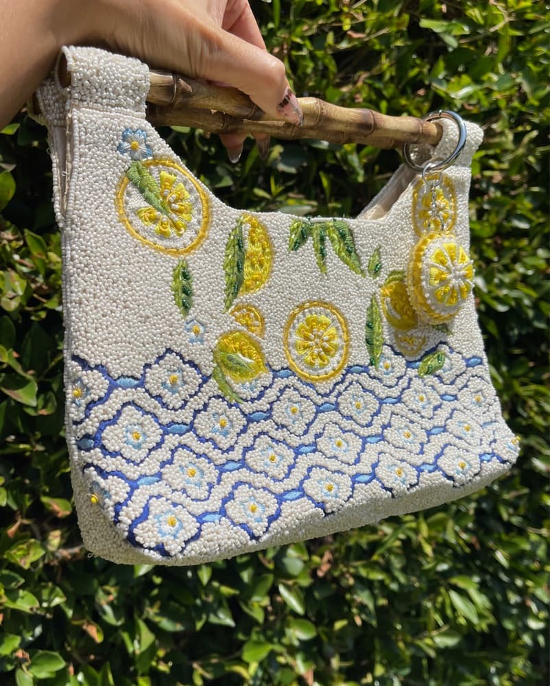 Vibrant Lemon Embroidered Beaded Handbag - Image 2