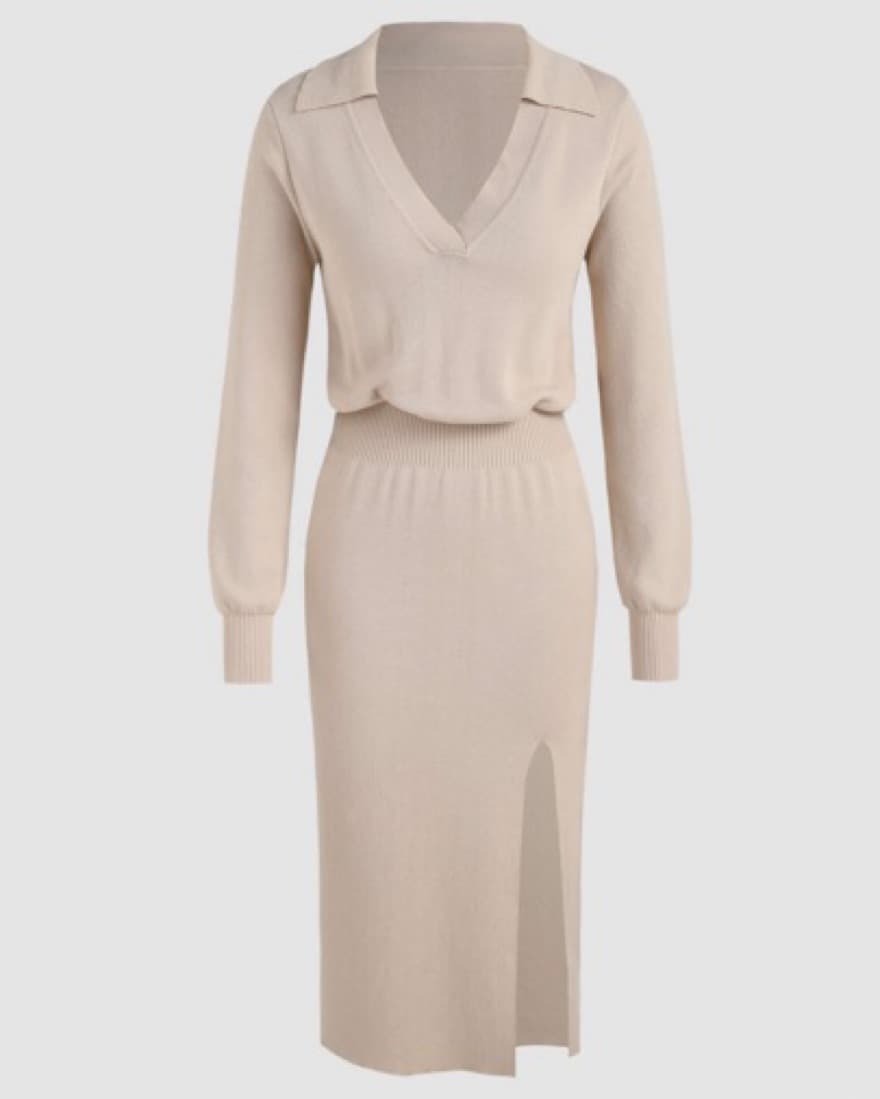 Collar Split Solid Knit Dress - Image 1