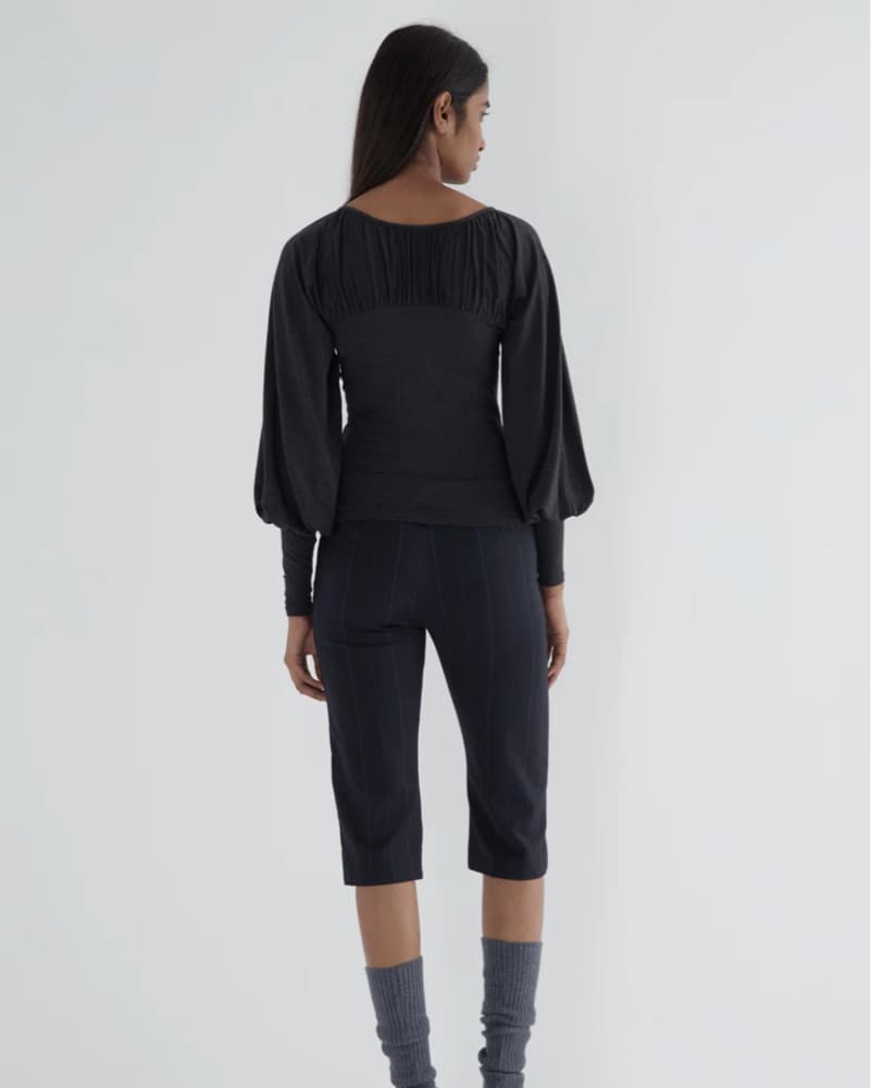 Paloma Wool Dark Grey Tapioca Puff Sleeve Long V-Neck Fitted Shirt Top - Image 3