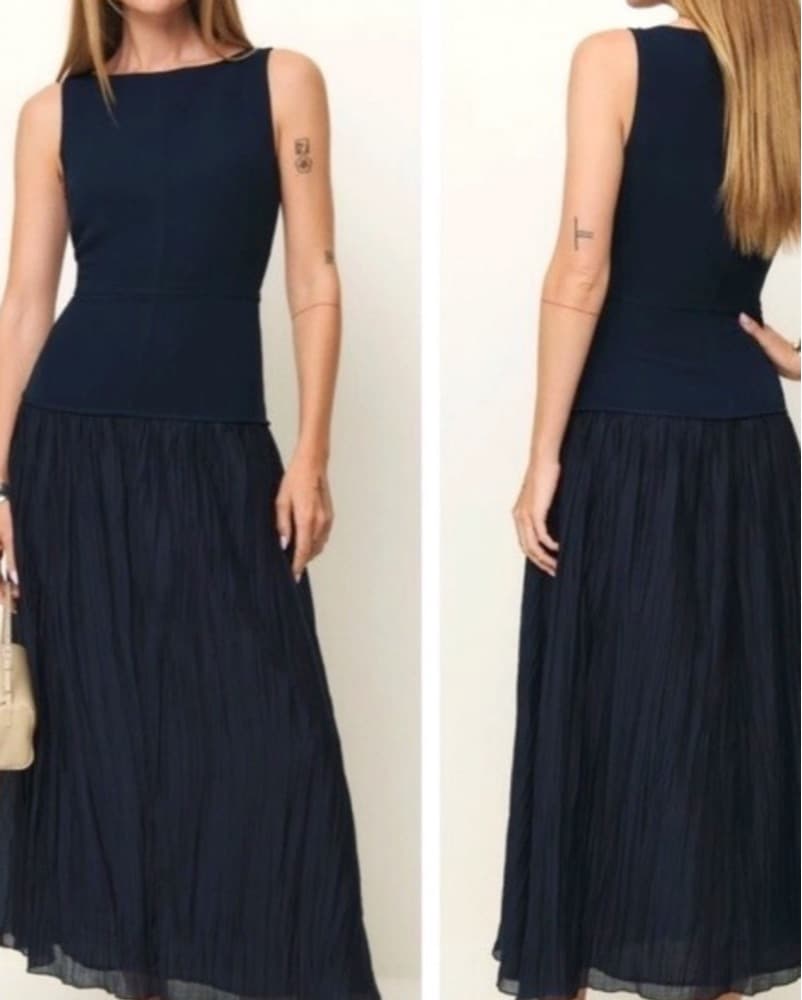 Sleek Navy Pleated Maxi Dress - Image 1