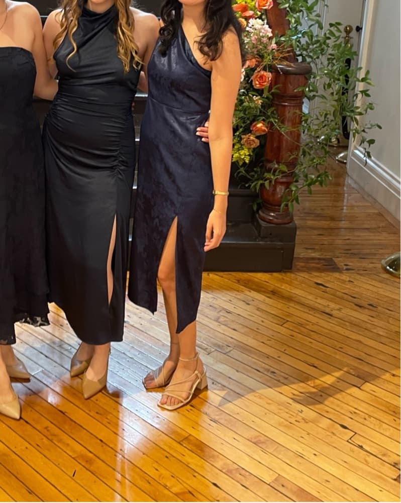 Navy Blue Satin Jacquard Midi Dress - Image 4