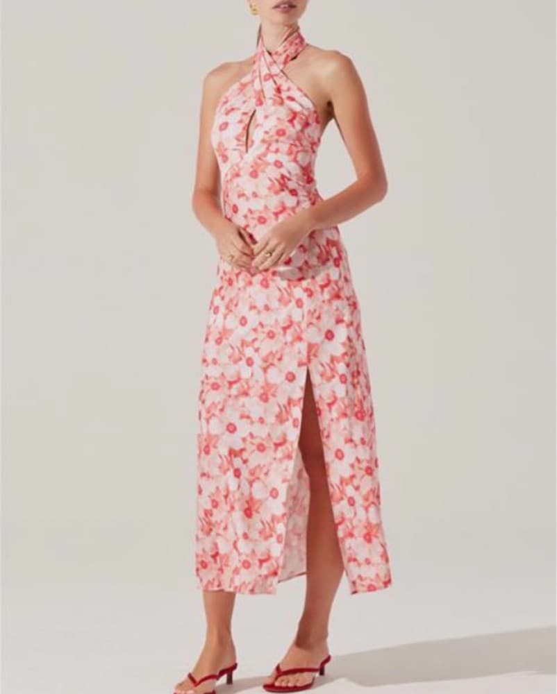 Pink Floral Halter Midi Dress - Image 2