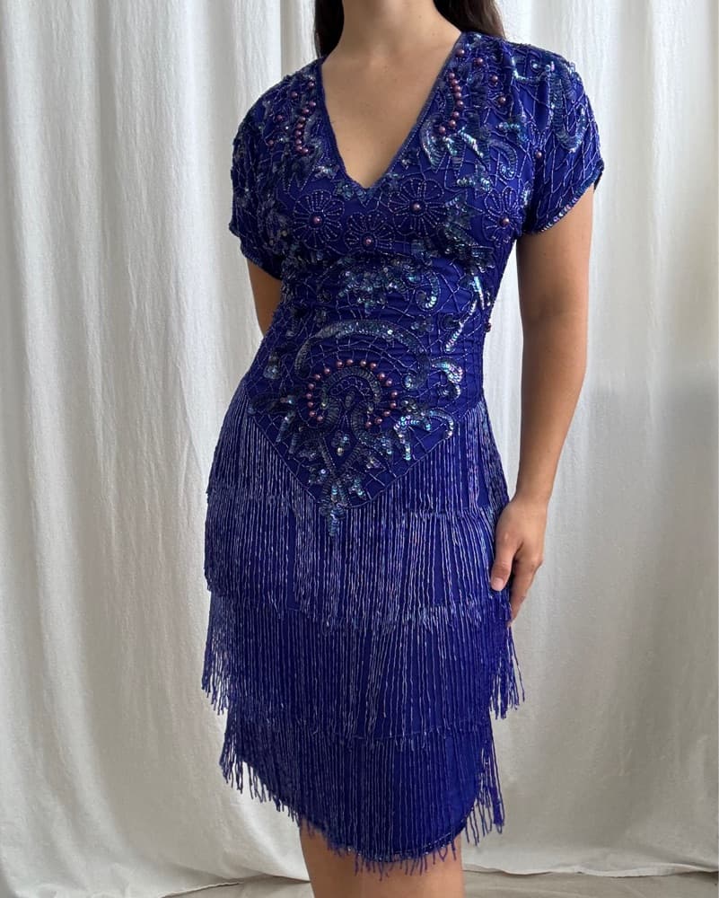 Vintage beaded Pure silk blue dress - Image 1