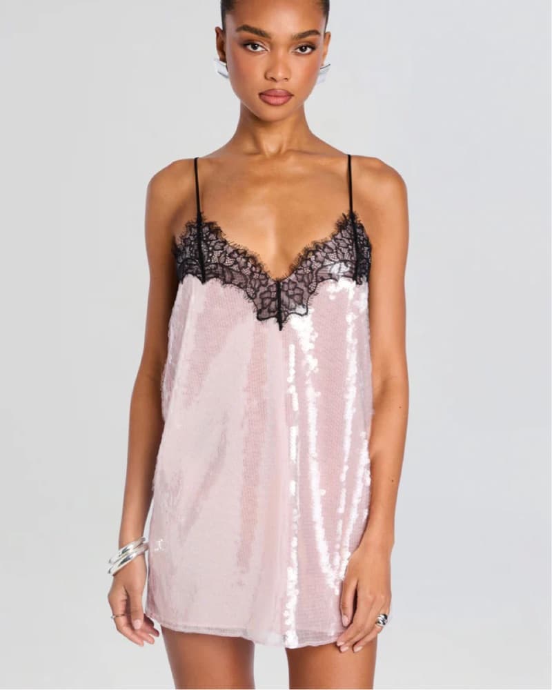 Retrofete Pink Sequin Lace Mini Dress  - Image 1