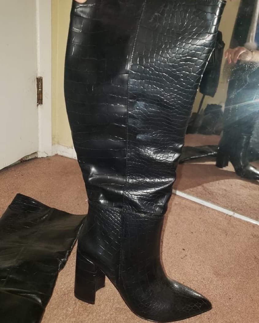 Black Croc Leather Knee High Heel Boots  - Image 4