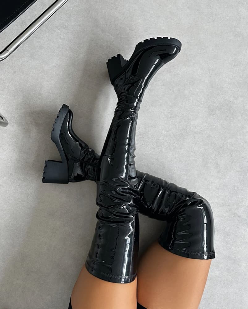 Black Patent Thigh High Boots - Image 1
