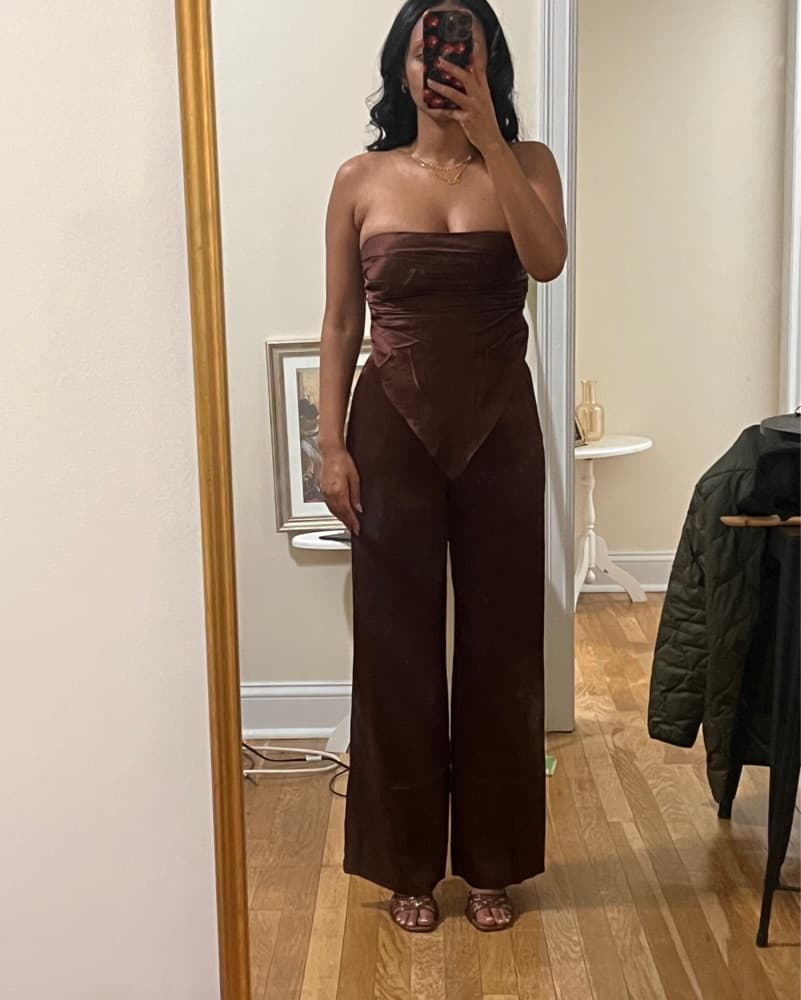 Sophisticated Satin Jumpsuit in Sultry Burgundy - Image 1