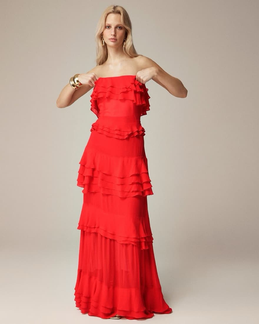 Red Ruffled Strapless Maxi Dress - Image 1
