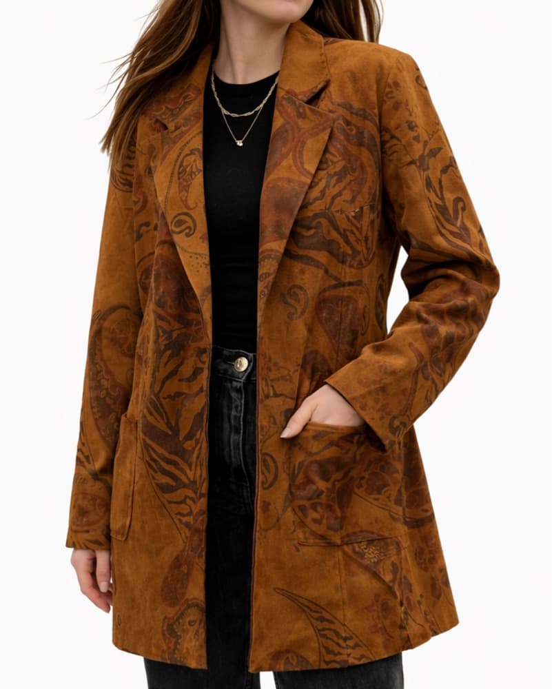 Vintage Brown Suede Printed Jacket - Image 1
