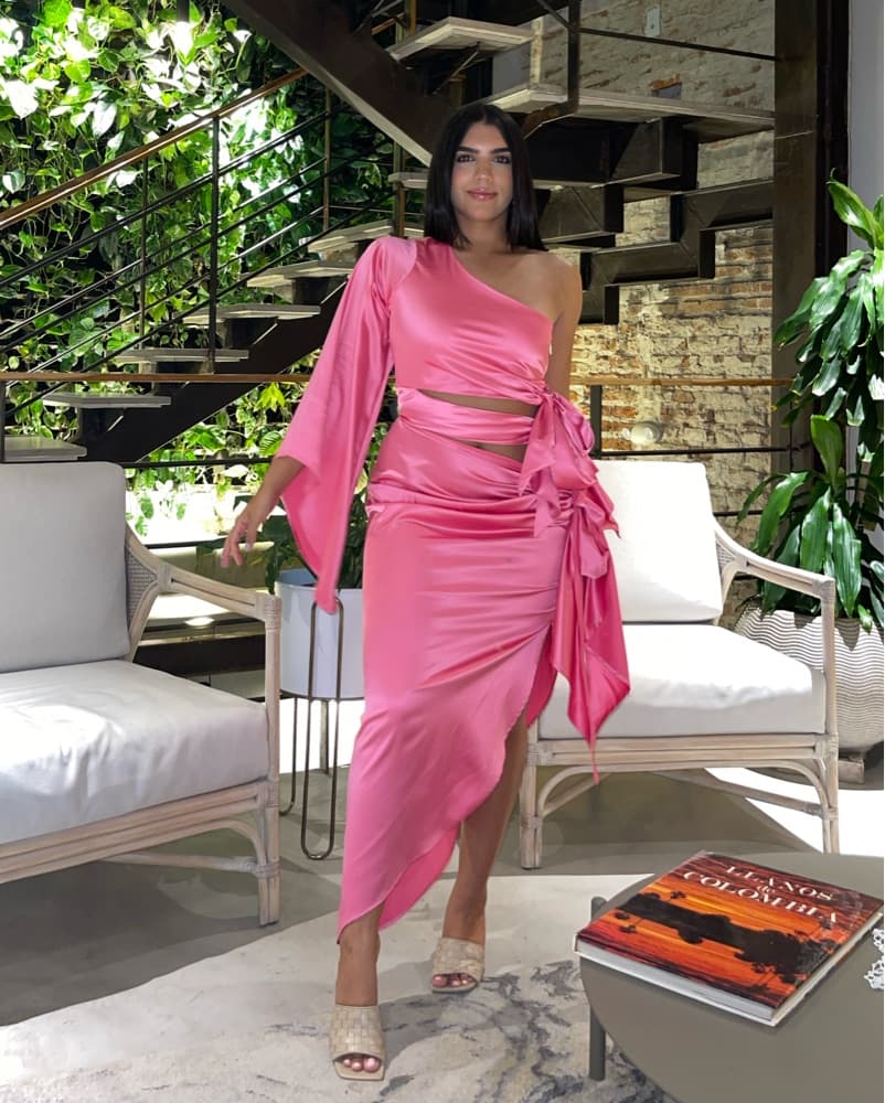 Vibrant Pink One-Shoulder Satin Dress - Image 1