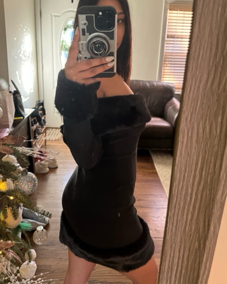 Off The Shoulder Faux Fur Dress  - Image 6