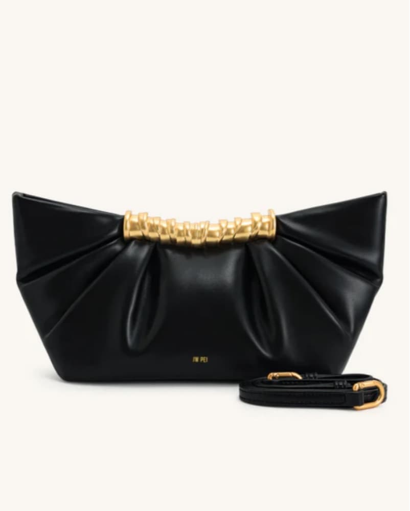 Sleek Black Leather Clutch with Golden Hardware - Image 1