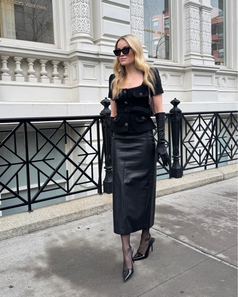 Tweed Peplum Top & Leather Skirt Outfit  - Image 2