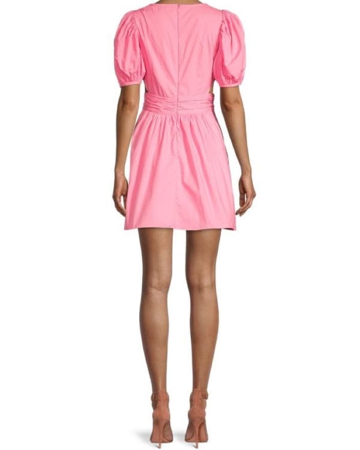  Pink, V Neck, Puff Sleeve, Cutout Dress - Image 3